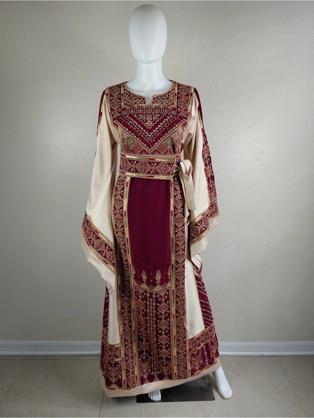Cream and Burgundy Embroidered Palestinian Thobe Dress
